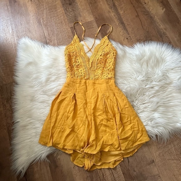LULU’S Star Spangled Mustard Yellow Backless Lace Romper - Picture 2 of 4